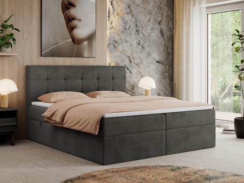MKS MEBLE Boxspringbett 180x200 Mit Bettkasten, Matratze H3 und Topper - Polsterbett Mit Stauraum - Centos - Grau Velvet