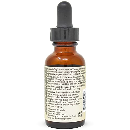 Mountain Top 20% Vitamin C Serum With Hyaluronic Acid, Witch Hazel, Vitamin E And Argan Oil For Reduces Appearance Of Dark Spots, Acne, Wrinkles For Men & Women #TOP1
