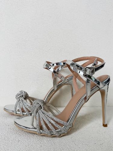 Frankie Hsu Ladies Girl Crystal Gems Strappy Stiletto High Heeled Sandals, Silver Patent Rhinestone Bow Knot, Big Large Size US5-19 Unisex Shoes For Women Men3