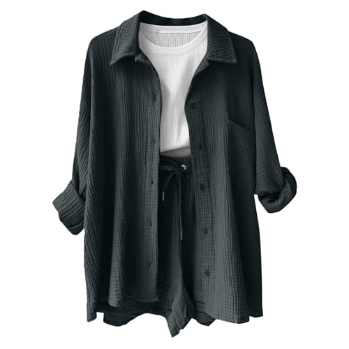 Womens Summer 2 Piece Outfit Ladies Leisure Co Ord Sets Button Down Cotton Linen Shirt and Shorts with Pockets Lounge Set Tracksuit Y2K Aesthetic Clothes - Image 3