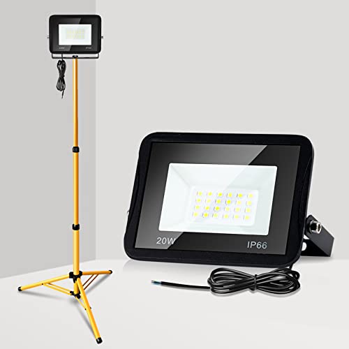 Ikodm Foco LED con trípode, 2 luces de trabajo de 100W, 8500 lm, 6000 K, luz blanca fría, incluye cable de 1m, IP66, resistente al agua, foco de luz de inundación, faros de construcción (sin enchufe)