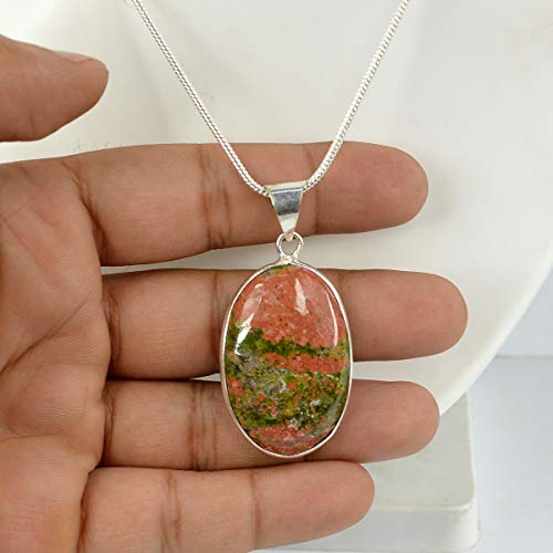 Image of Reiki Crystal Products AAA Unakite Pendant Natural Crystal Stone Pendant /Locket with Metal Chain Oval Shape for Reiki Healing and Crystal Healing Gemstone for Unisex (Color : Green)