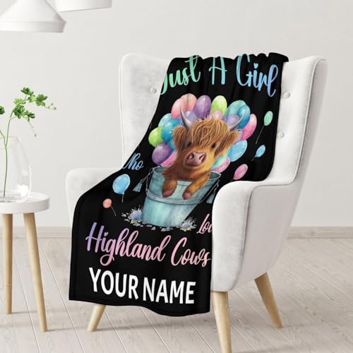 Personalized Highland Cow Blanket Gifts with Name - 50x60 Inches Cute Throw Blanket for Girls - Colorful Soft Fuzzy Blankets for Bed, Couch & Living Room