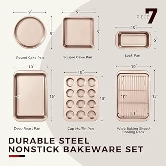 KITESSENSU Baking Pans Sets, Nonstick Bakeware Set 7-Piece with Round/Square Cake Pan, Loaf Pan, Muffin Pan, Cookie Sheet, Roast Pan, Cooling Rack & Silicone Oven Mitts, Carbon Steel Bake Set,Gold