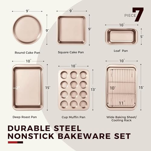 KITESSENSU Baking Pans Sets, Nonstick Bakeware Set 7-Piece with Round/Square Cake Pan, Loaf Pan, Muffin Pan, Cookie Sheet, Roast Pan, Cooling Rack & Silicone Oven Mitts, Carbon Steel Bake Set,Gold