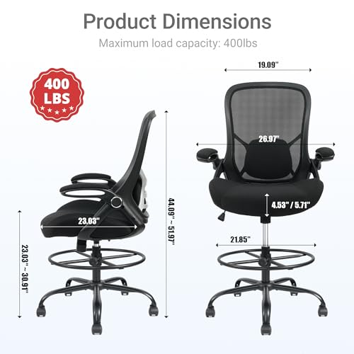 Image of HYLONE 400lbs Big and Tall Heavy Duty Drafting Chair 5 inch Thickened Seat Tall Office Chair Flip-Up Armrests Ergonomic Chair with Lumbar Support and Adjustable Footrest Ring Standing Desk Chair (Black)