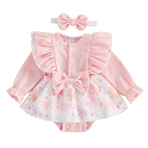 Baby Girls Rompers Dress Bowknot Print Puffy Ruffles Jumpsuits Bodysuits Infant Toddler 2PCS Clothes Set with Headband