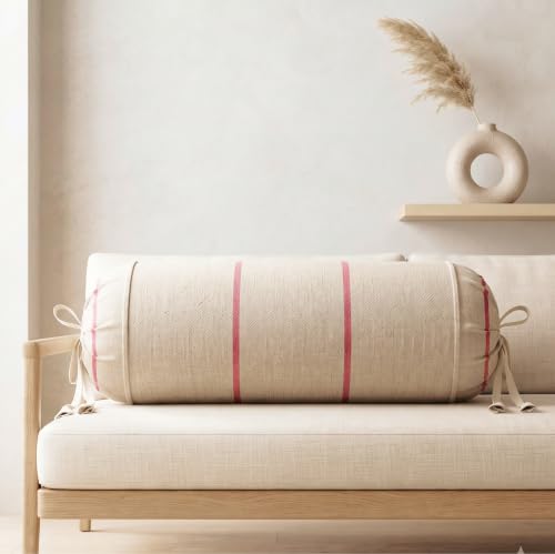 Image of SAJAVAT HOME 100% Cotton Striped Bolster Cover Pack of 2 15x30 | Textured Round Side Pillow Covers for Sofa, Bed & Diwan | Soft Breathable Bolster Pillow Covers | Beige with Red Pinstripe