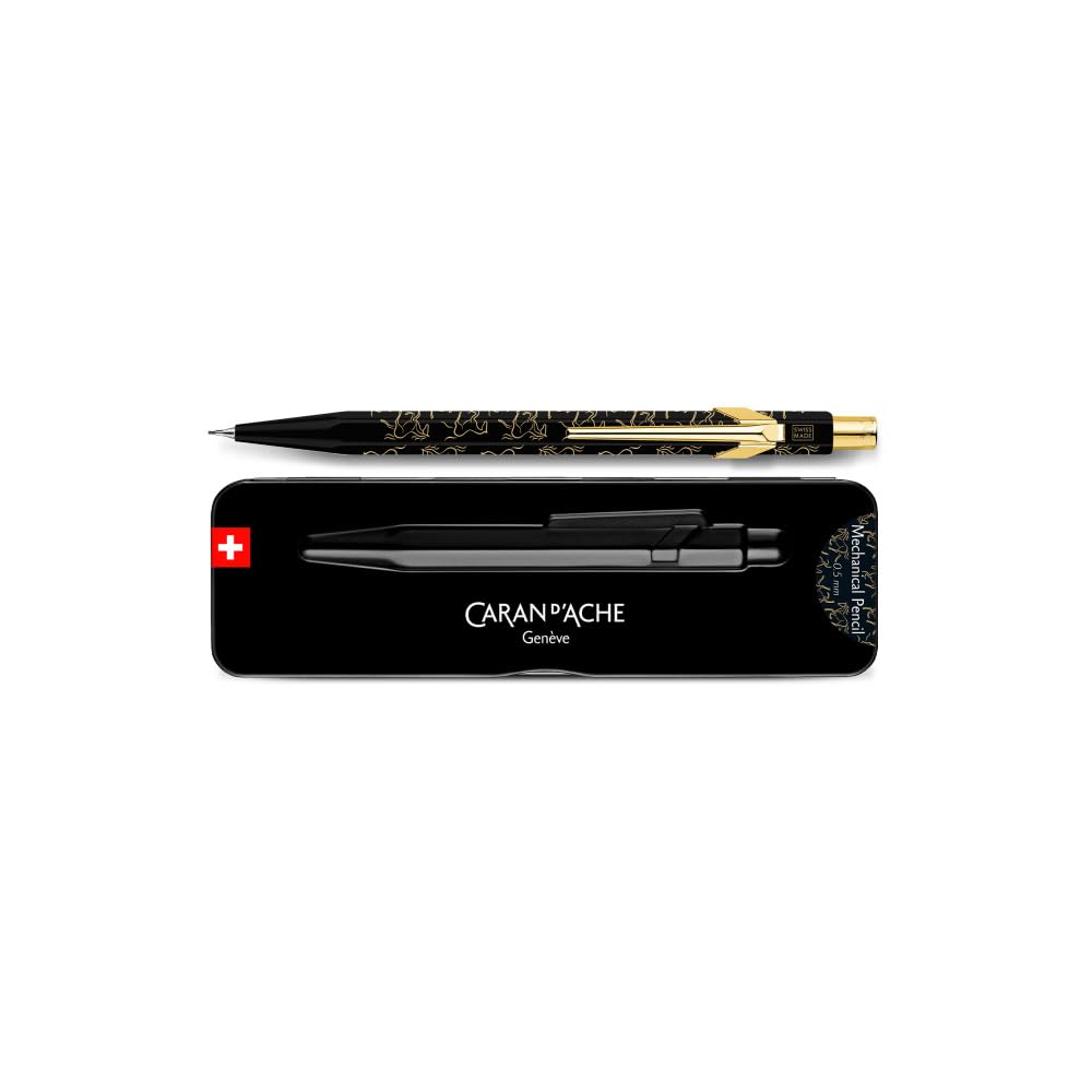 Caran d'Ache MF0844.525 - Portaminas 849 Horse Black de 0,5 mm, fabricado en Suiza, barril de aluminio negro con motivos de caballo dorado, mina HB, soporte de plomo de diseño, regalo