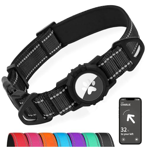 Joytale Airtag Dog Collar, Reflective Pet Collar with Waterproof AirTag Holder, Dual D-Rings, Soft Padded Adjustable for Extra Small and Puppy Dogs, Black, XS