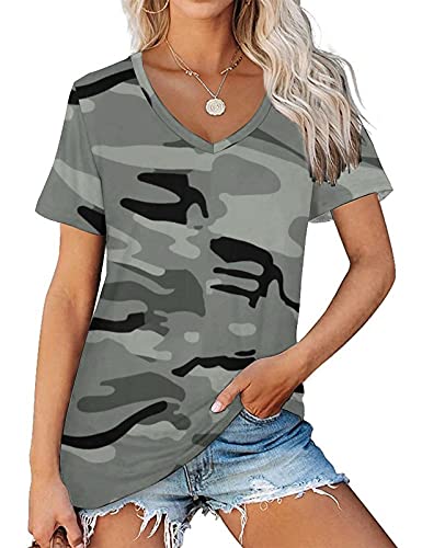 ORANDESIGNE T-Shirt D'été pour Femme Col en V Manche Courte Tee Shirt Décontracté Rétro Boho Impression Rayures Camouflage Schéma Plage De Sable Casual 10 XL