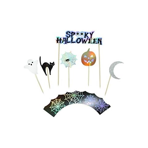 Spooky Halloween - Cupcake Toppers & Wrappers, 12 ct | Halloween Party Decorations | Halloween Cake Topper | Spider, Ghost, Jack O'Lantern, Black Cat Cover