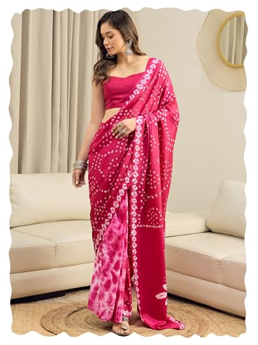 Image of AKHILAM Women's Bandhani Printed Chiffon Ready To Wear Saree With Unstitched Blouse Piece
