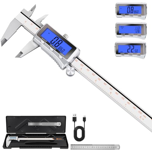 HARDELL Digital Caliper 8 Inch, Rechargeable All Metal W/Backlight Screen