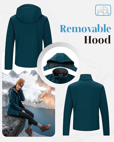 33,000ft Damen Softshelljacke mit Abnehmbarer Kapuze Wasserdichte Atmungsaktiv Fleece Gefütterte Winterjacke Winddichte Übergangsjacke Funktionsjacke zum Radfahren, Wandern, Petrolblau L