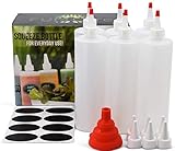 Squeeze Bottle 16 oz - Set of 6 - Red Caps, Silicone Funnel, Chalk Labels, 6 Extra White Caps, E-book Leakproof, BPA Free & Refillable Squirt Plastic Bottles For Condiments, Mustard, Ketchup
