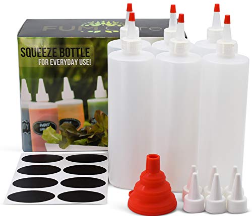 Squeeze Bottle 16 oz - Set of 6 - Red Caps, Silicone Funnel, Chalk Labels, 6 Extra White Caps, E-book Leakproof, BPA Free & Refillable Squirt Plastic Bottles For Condiments, Mustard, Ketchup