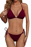 Zuvebamyo Women's Two Piece Bikini Swimsuit Sexy Ribbed Triangle Top Bathing Suits String Cheeky Bikini Sets, Burgundy, Small