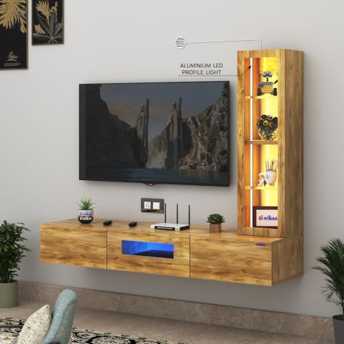 Image of Anikaa Lucen Ultra Modern Wall-Mounted TV Unit with Storage Cabinet and Light |3 Flip-Down Storage Doors, Acrylic Shelves & Engineered Wood Construction | Fits Up to 43 Inch TV | GiantWood Finish-DIY