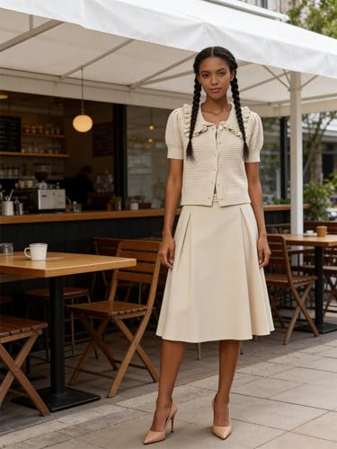 Image of VAOYIU Women's Ruffle Collar Knit Cardigan Short Sleeve Button Down Sweater Top Vintage Cropped Ribbed Summer Outerwear