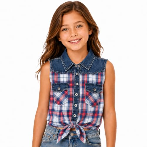 Image of Bienzoe Western Plaid Girls Shirt: Sleeveless Button Down