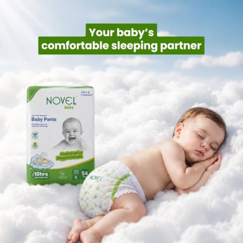 Image of Novel Baby Diaper Pants | XL Size (Extra Large), with Aloe Vera Lotion for rash protection | Pack of 54 Count | Cotton-Soft & Breathable | 360 Comfort Fit, Rash-Free Overnight Diapers for Babies