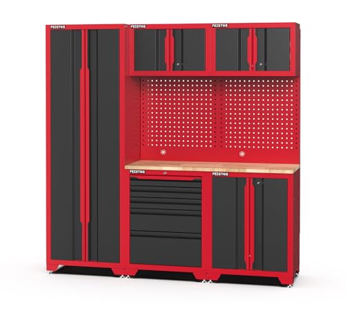 FEISTOS Werkstatteinrichtung Novo 1 | 198x46x198 cm Rot/Schwarz | Profi Werkbank & Werkzeugwand | 8 Teilig - Werkstattmöbel mit Arbeitsplatte | Garageneinrichtung mit Lochwand