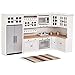 iLAND Wooden Dollhouse Furniture Set on 1/12 Scale for Dollhouse Kitchen incl Modern Miniature Kitchen Cabinets, Fridge, Oven, Microwave, Pots Set, Carpet