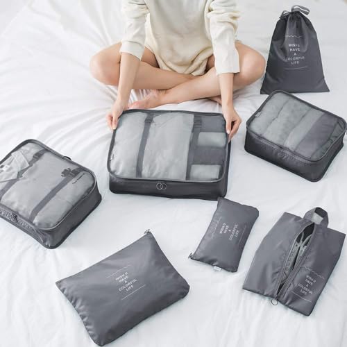 Image of 7pcs pouche Set Travel Organizer Packing Cubes Lightweight Travel Luggage Organizers with Laundry Bag or Toiletry Bag Laundry Organiser (7 PCS) (GREY)