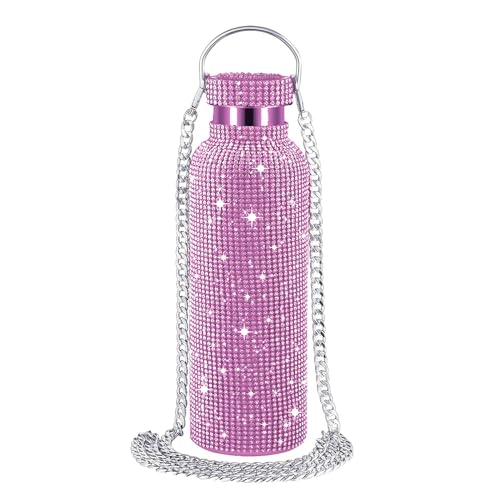 GIONAR 750ml Diamond Water Bottle, Bling Stainless Steel Water Bottles,Waterbottle with Diamond & Chain, Thermal Water Bottle