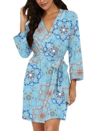 Image of PrinStory Womens Robe Knee Length Soft Knit Bathrobe S-2XL | V-Neck 3 /4 Sleeve Robes with Pockets, Lightweight, Breathable Bath Robe for Shower, Spa, Travel, Home, Party, Nursing