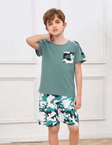 Image of mksodopy Boys Summer Outfit Set 2 Piece T Shirt and Camo Shorts Casual Clothes for Little Big Boys 5-16