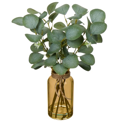 Briful Artificial Eucalyptus Stems in Amber Glass Vase with Faux