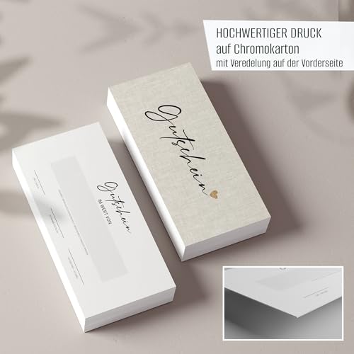 Eummel Gutscheinkarten zum Selbstausfüllen (50er Set, DIN Lang) | Blanko Gutschein zum Ausfüllen als Vorlage | Inklusiv Aufsteller und Aufkleber | Gutscheinvorlagen Neutral und Edel