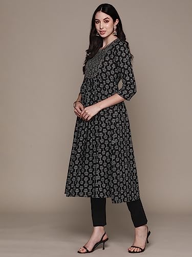 Image of ishin Women's Cotton Embellished Black A-Line Kurta