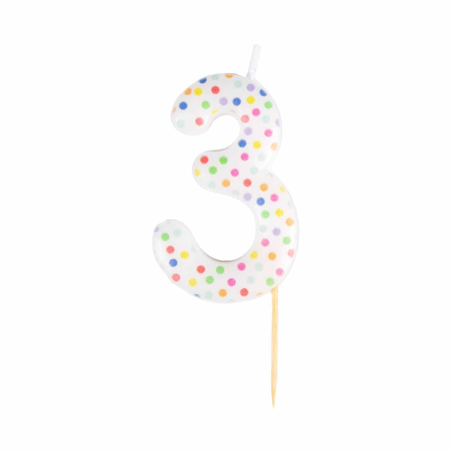Amscan 9911558 - Rainbow Dots Number 3 Cake Candle - 6cm, Multicoloured