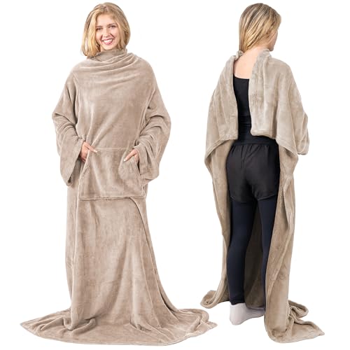 PAVILIA Premium Fleece Blanket with Sleeves for Women Men Adult, Wearable Blanket Warm Cozy, Super Soft Sleeved Throw with Arm, Gift for Women Mom Wife (Taupe, Kangaroo Pocket)