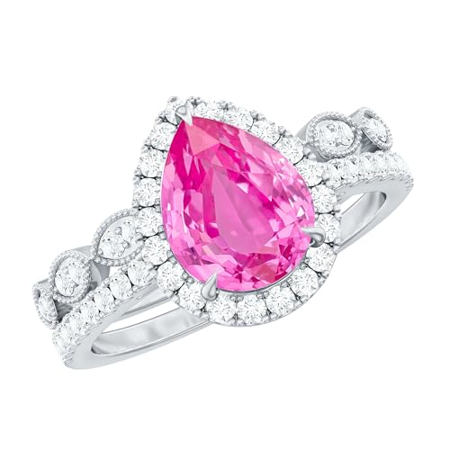 Lab Grown Pink Sapphire Diamond Wedding Ring Set, AAAA Quality, Certified Sapphire Diamond Teardrop Ring - With Jewelry Box