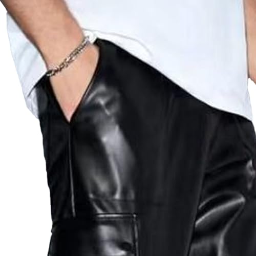 Mens Side Pockets PU Leather Pants Vintage Loose Casual Jogger Cargo Pants Motorcycle Biker Straight Leg Pants3