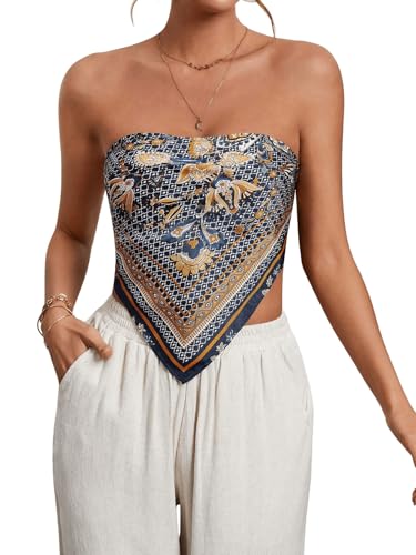 Floerns Women's Graphic Print Tie Back Strapless Bandana Tube Top