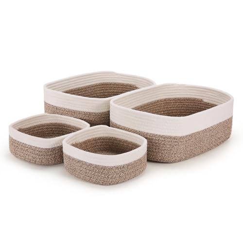 4-Pack Large Woven Rope Storage Baskets, 2 Sizes Organizer Bins | Fabric Cube Boxes and Rectangular Shallow Bins for Closet, Shelf, Bookshelf, Nursery, Changing Table, Bathroom, Toys & Home