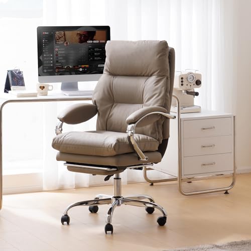 Image of LEAGOO Reclining Office Chair with Foot Rest, Executive Office Chairs with Arms, Ergonomic High Back PU Leather Comfy Swivel Computer Desk Chairs with Wheels and Lumbar Support for Home Office, Khaki