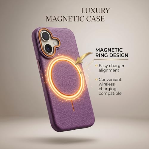 Image of amazon basics Luxury MagSafe Compatible Leather Texture Back Cover for iPhone 16 | Raised Camera Protection | Slim Fit Shockproof Case with Metallic Accents (Purple)