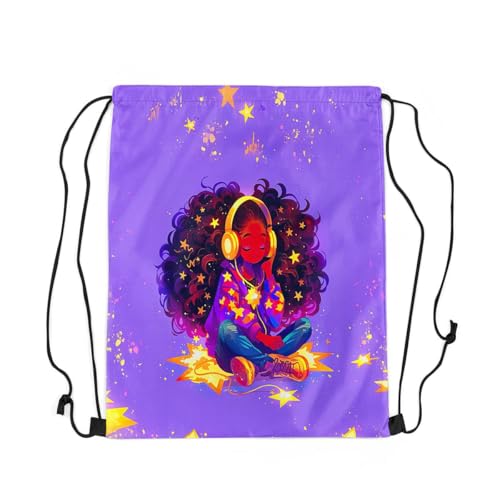 Image of jejeloiu Cute Black Drawstring Backpack 13x15.7inch African American Waterproof Gym Drawstring Bags Music Sports String Backpack Beach Swim Travel Bag Sackpack(No Glitter