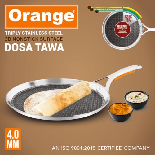 Image of Orange Triply Stainless Steel 3D Nonstick Surface Dosa Tawa 290mm | 4mm Thick 3-Layer | Induction Friendly | Cool-Touch Silicone Handle | Ideal for Dosa & Uttapam | 5 Year Warranty