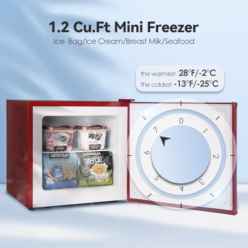 Mini Freezer, 1.2Cu.ft Small Upright Freezer with Handle and Shelves, 7 Adjustable Thermostat, Low Noise for Bedroom/Apartment/Home/Office, Red