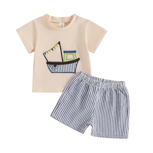 Toddler Baby Boy Sailboat Outfit Boating Sailing Embroidery Cotton T-Shirt Plaid Shorts Set Little Boy Summer Clothes - Main Image