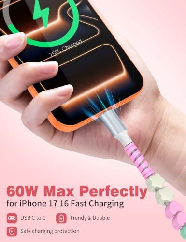 Image of USB C to USB C Cable 3FT,60W Fast Charging Beaded Charger Cord for iPhone 17 16 Pro Max 15 /iPad Pro 11 Air for Samsung S26 S25 S24 A17 /Android Phone Charge Cord Cute Girl Women,Mint+Pink Heart Beaded