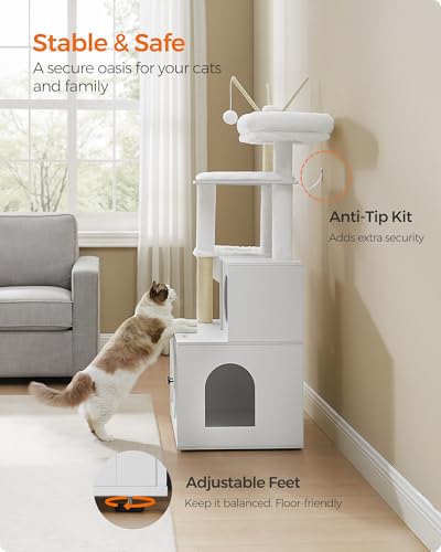 Image of Feandrea Cat Tree with Litter Box Enclosure, 59-Inch Modern Cat Tower | 2-In-1 Condo with Scratching Posts, Washable Removable Cushion, Cloud White UPCT113W01