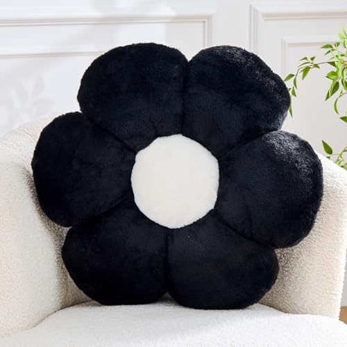 Image of Kcvvcr Black Flower Pillow, Cute Decorative Flower Shaped Throw Pillow with Faux Rabbit Fur, 14.9 inch Soft Daisy Plush Floor Cushion Aesthetic Room Decor for Bed Sofa Couch